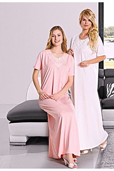 Dika Short Sleeve Long Size Women's Nightgown Salmon Shoes