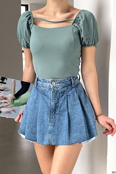 Mossta Square Collar Watermelon Sleeve Crepe Blouse Mintcolor