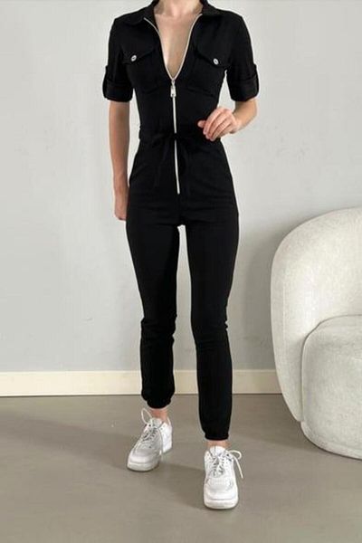 Mossta Crepe Jumpsuit with Elastic Legs and Zipper Button Detail