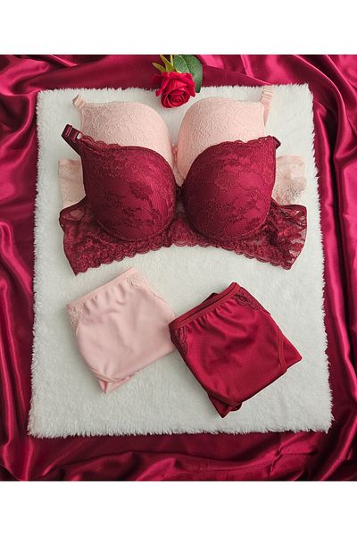 nesterinzar Women's Supported Lace Padded Underwire (Wired) 2-Piece Economical Package Bra Set