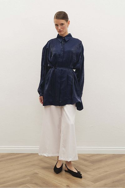 Hooopstore Πουκάμισο Creon Satin Look Navy Blue