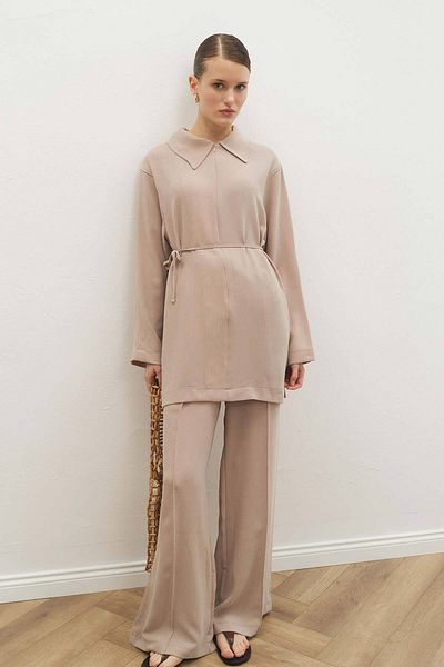 Hooopstore Σετ παντελονιού με μελανζέ με υφή Glide Beige