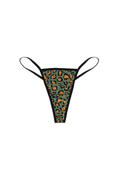 Simi Underwear Leo Green Leopard Printed Thong Panties with Drawstrings on the Sides