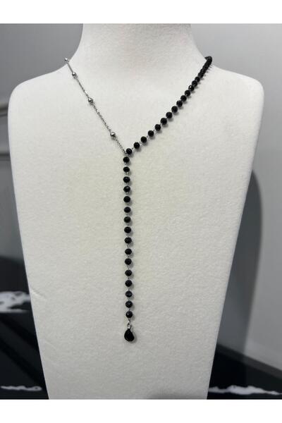 Store قلادة طويلة من الفولاذ بتصميم حجر أسود على شكل حرف Y