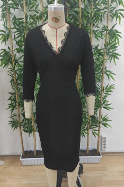 Mossta Collar Lace Detailed Fakir Sleeve Midi Dress Black