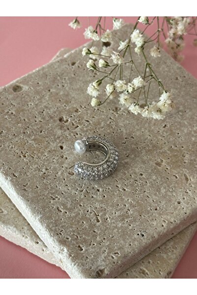 ADORN JEWELRY Özel Seri Boru Plaka Üzeri Zirkon Taş Detaylı Ucu İncili Silver Earcuff