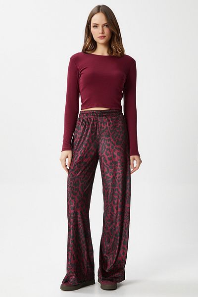 Ritnice Women's Hide Velvet Elastic Waist Pocket Burgundy Leopard Trousers