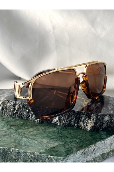 Mazzy Rectangular Design Gold Brown Women's Sunglasses