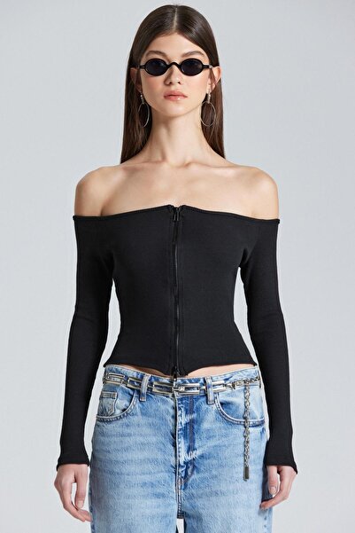 World Fashion Trends 1402 Μαύρη μπλούζα με φερμουάρ διπλής όψης-3C