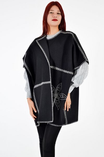 Angora Crochet Front Poncho-Black