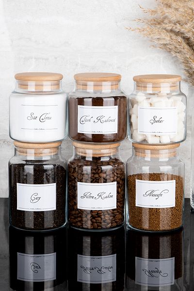 Dolkin Home Set of 6 Wooden Vacuum Lid Labeled Tea Sugar Filter Turkish Coffee Milk Powder Glass Jars 800-500 ml