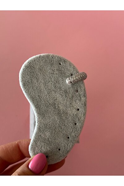 ADORN JEWELRY Özel Seri Boru Plaka Üzeri Zirkon Taş Detaylı Ucu İncili Silver Earcuff