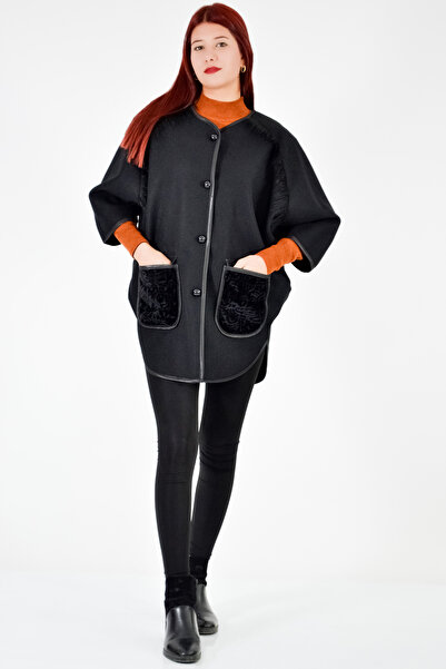 Angora Shoulder Fringed Pocket Poncho-Black