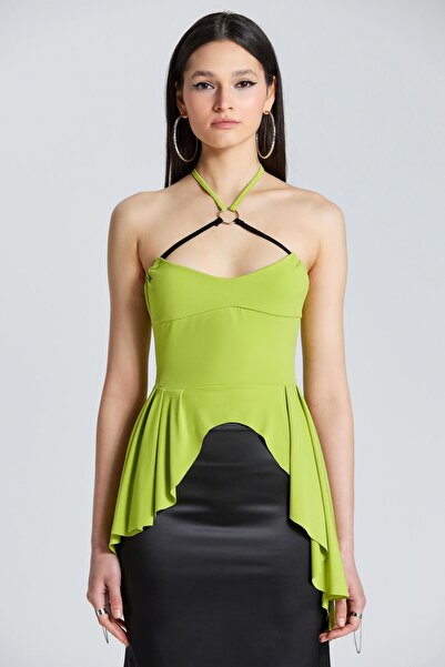 World Fashion Trends 2453 Bluză verde cu detaliu inel cu gât