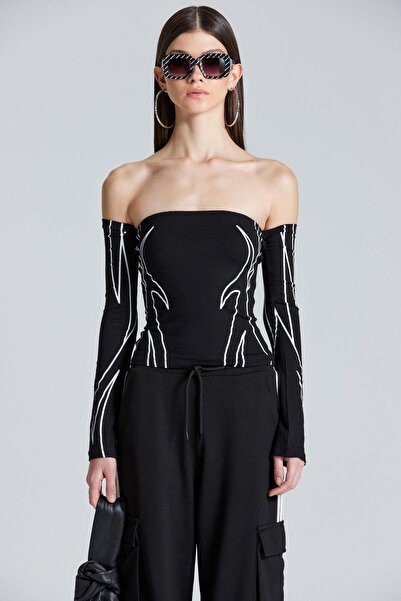 World Fashion Trends 2463 Bluză cu dungi alb-negru cu guler Madonna