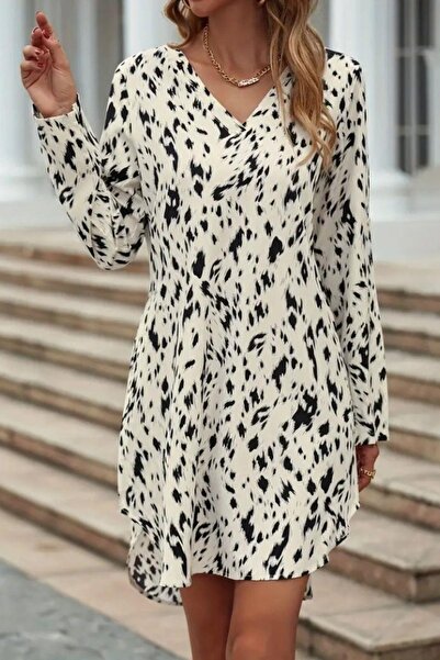 Mossta Beige V-Neck Patterned Long Sleeve Dress