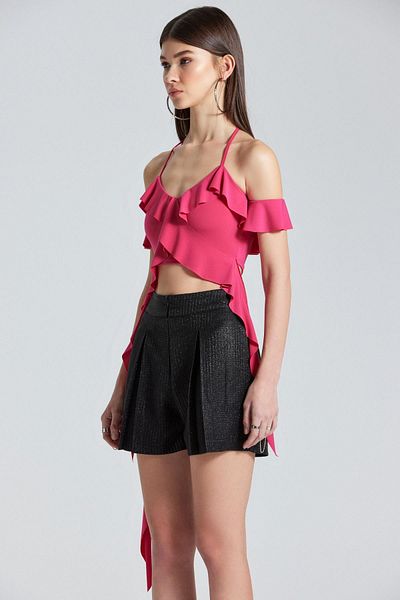 World Fashion Trends 2447 Ροζ μπλούζα με λαιμόκοψη με βολάν