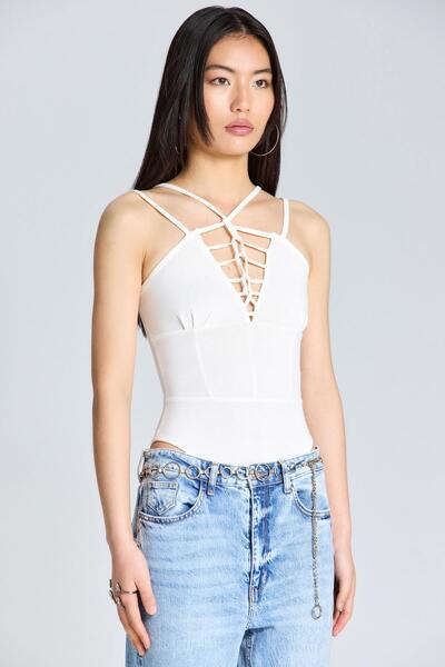 World Fashion Trends Beyaz Önü ve Sırtı İp Dekolteli Bodysuit