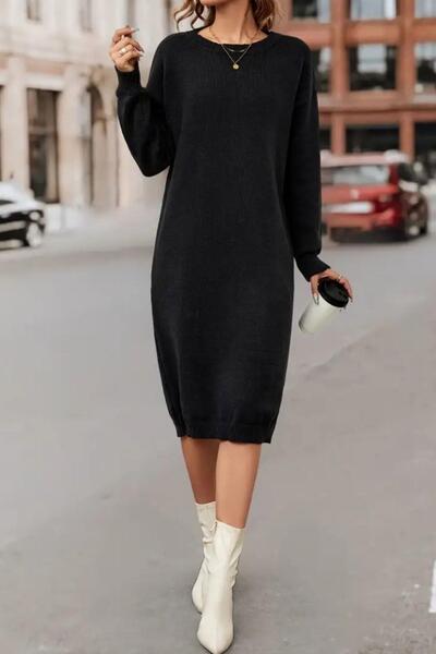 Mossta Πλεκτό φόρεμα με λαιμόκοψη και λεπτομέρεια σχισμής σε μαύρο χρώμα