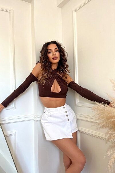 World Fashion Trends 1729 Göğüs Dekolteli Kahve Omuzları Açık Bluz