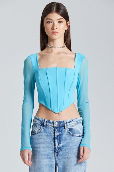 World Fashion Trends 1930 Bluză albastră cu corset cu mâneci din tul cu sârmă