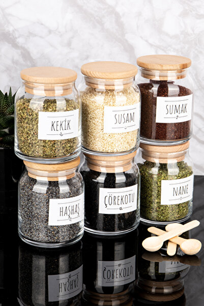 Dolkin Home Set of 6 Wooden Vacuum Lids Luxury Glass Spice Rack Set with Labe...