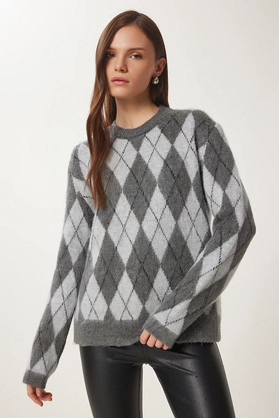 Namaste Vintage Smoked - Wool Pile Sweater with Diamond Pattern in Gray Colors (M/L)