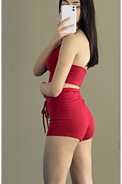 Rosy Live in style High Waist Red Shorts - Crop Set with Ring and Neck Tie