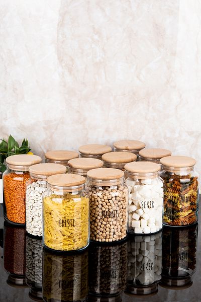Dolkin Home Set of 12 800 ml Glass Jars with Wooden Vacuum Lids Set of Pulses with Transparent Labels