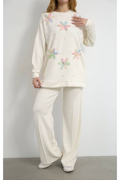 Mintaş Çiçek Motifli Krem Modal Eşofman Takım