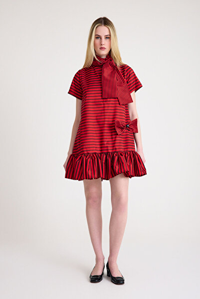 MERT ERKAN Şal Yaka Detaylı A-Form Kırmızı&Siyah Çizgili Mini Tafta Elbise
