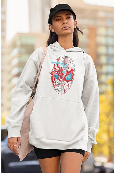Fuddy Moda Unisex Spider Man Face Printed Hooded Sweatshirt, Oversize Spider Universe Themed Hoodie