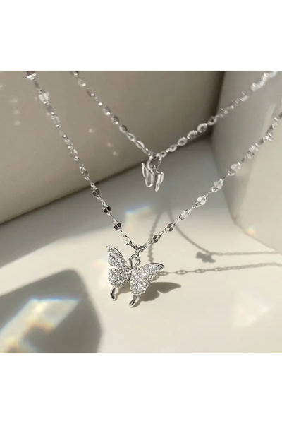Choice قلادة نسائية فضية اللون بطول 45 سم 80200101 1 على شكل فراشة بطبقتين مت...