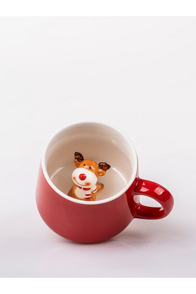 MUKKO HOME Red Porcelain Mug with 3D Baby Deer Figurine - 350ml |   Stylish and Fun Design