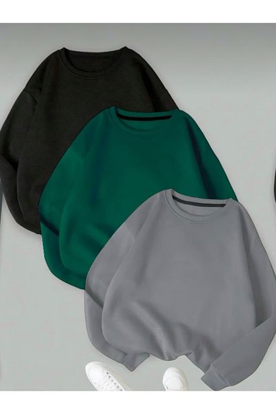 BLYDE LAYY Women's 3 Thread Black-Green-Smoked Plain Crew Neck Sweatshirt Set of 3