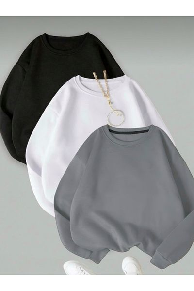BLYDE LAYY Women's 3 Thread Black-White-Smoked Plain Crew Neck Sweatshirt Set of 3