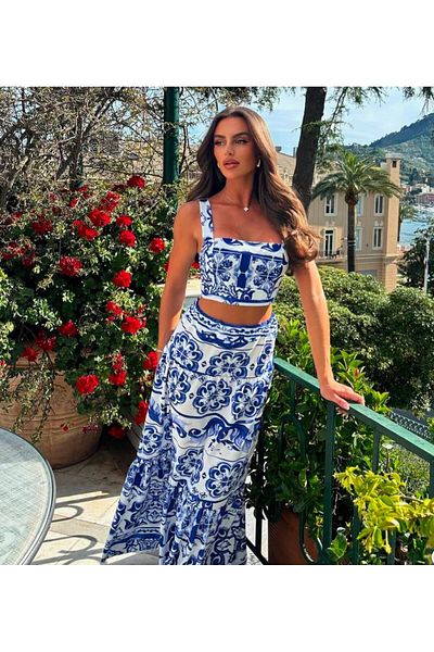 Julidress Blue and White Ethnic Patterned Strappy Crop Blouse and Maxi Skirt Bottom Top Premium Set