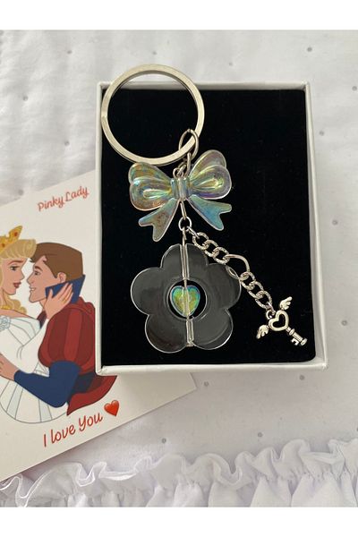 Pinky Lady Hologram Flower Bow Keychain