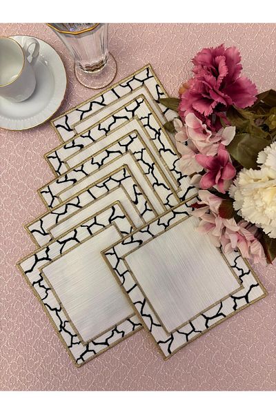 Mustgross 6 Pieces Fabric Presentation Napkins - Coffee Side Embroidered Presentation Napkin, Cocktail Napkin