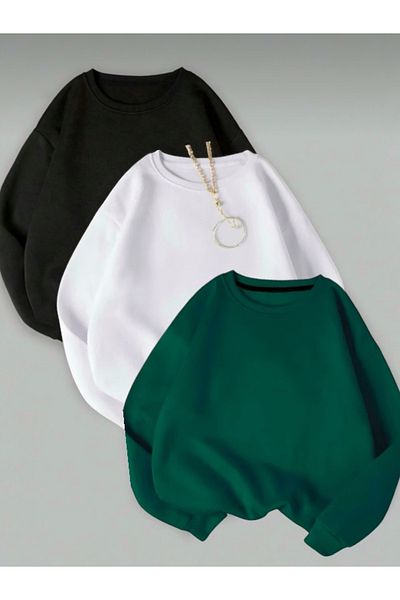 BLYDE LAYY Set de 3 hanorace pentru femei, negru-alb-verde, cu 3 fire