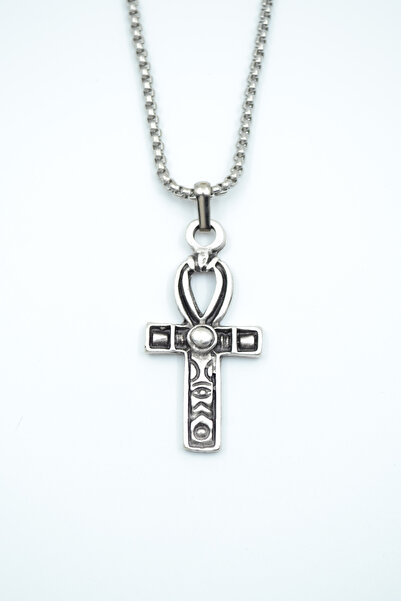 Bu Farklı Ankh Anahtarı - Nil'in Anahtarı Gümüş Kaplama Örme Zincir Kolye