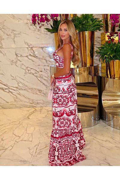 Julidress Red White Ethnic Patterned Strappy Crop Blouse and Maxi Skirt Bottom Top Premium Set