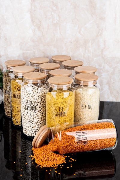 Dolkin Home Set of 12 1300 ml Wooden Vacuum Lid Glass Jar Pulses Set with Transparent Labels