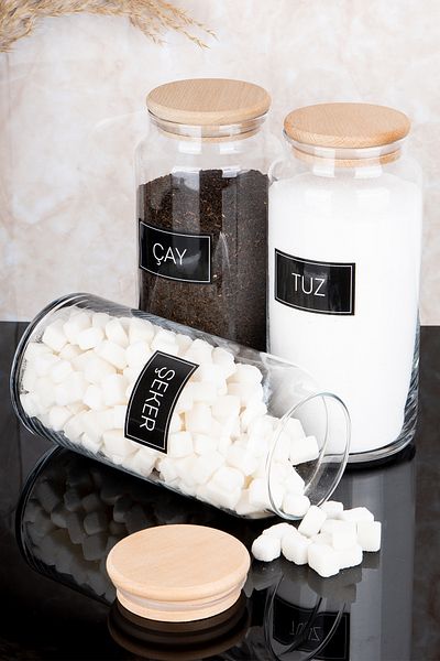 Dolkin Home Set of 3 Wooden Vacuum Lids Tea Sugar Salt Black Labeled Glass Jar Storage Container 1300 ml