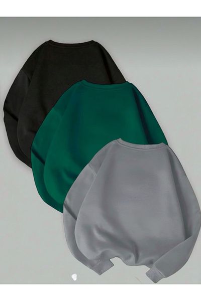 BLYDE LAYY Women's 3 Thread Black-Green-Smoked Plain Crew Neck Sweatshirt Set of 3