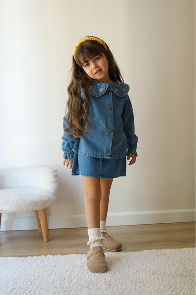 bakyaa Girl's Denim Doll Collar Flower Embroidered Elastic Waist Suit