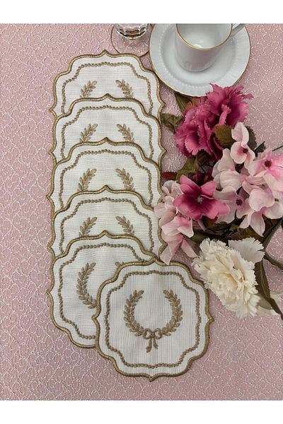 Mustgross 6 Pieces Fabric Presentation Napkins - Coffee Side Embroidered Presentation Napkin, Cocktail Napkin
