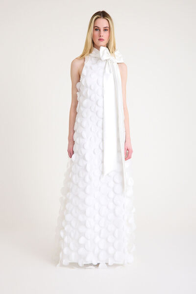 MERT ERKAN Long Shawl Collar Detail & Self Textured White Stylish Long Dress