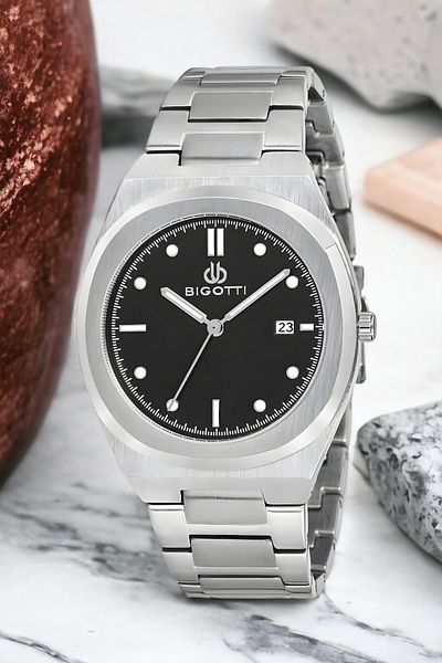 Bigotti Men's Wristwatch Bg.1.10164.5 - Silver and Black Color, Steel Case and Cord Bracelet Gift Zmb010