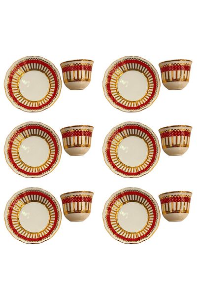 DUKKANI ISTANBUL Porcelain Tea Plate and Gawa Cup for 6 Persons Points Gold with Mırralı Tea Plate Red